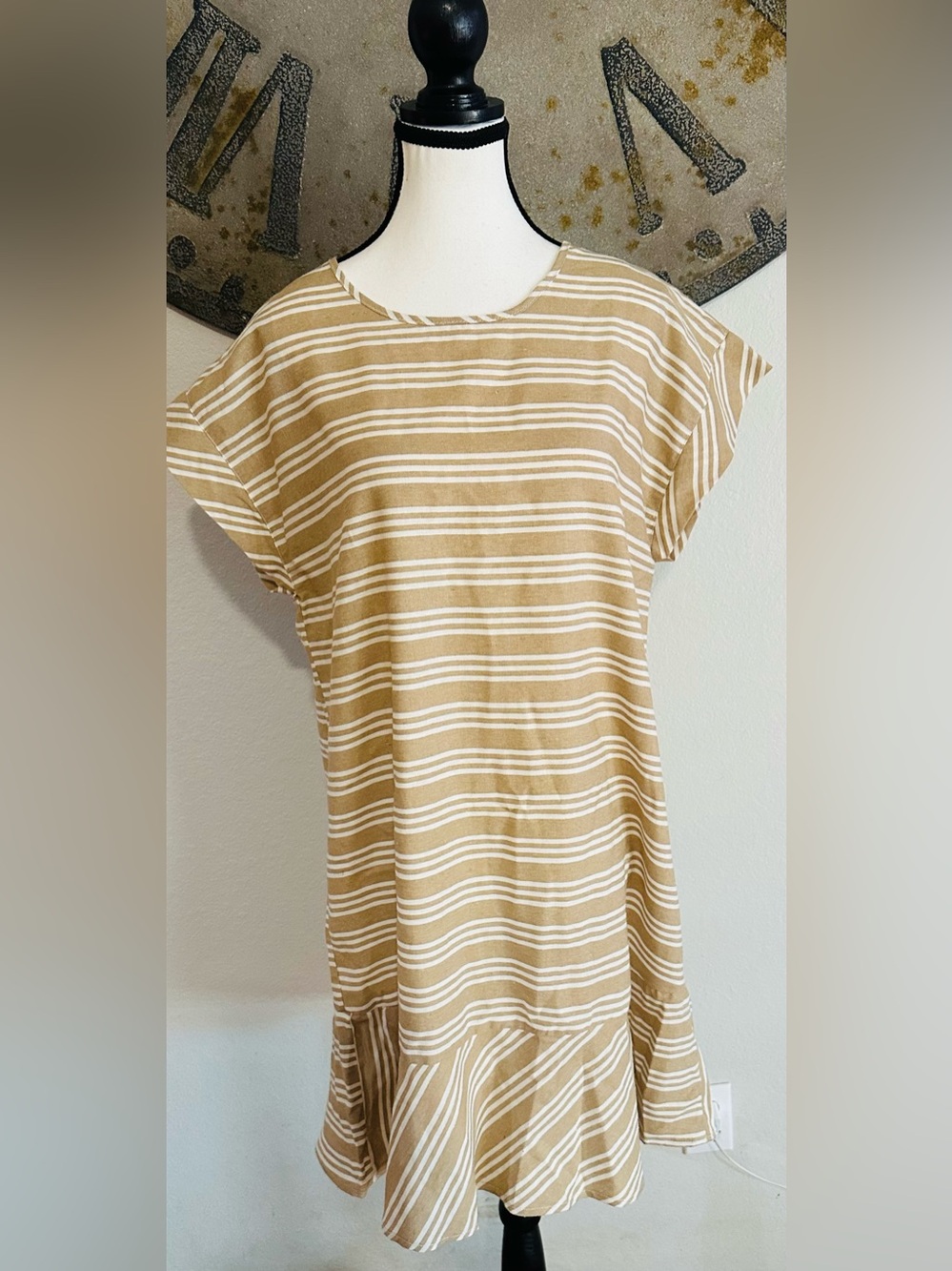 Striped Neutral Drop-Waist Dress - Beige & White